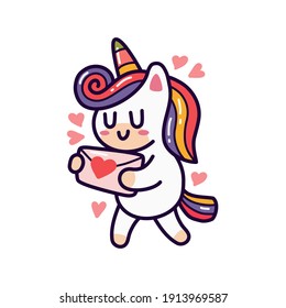 Unicorn holding love letter doodle