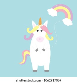 Unicorn holding rainbow cloud baloon. Kawaii face. Pastel color hair, daisy chamomile. Flat lay design. Cute cartoon baby character. Funny horse. Happy Valentines Day. Love card Blue background Vector