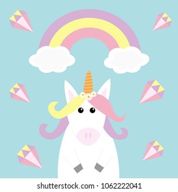 Unicorn holding rainbow cloud diamond brilliant stone. Kawaii face. Pastel color. Flat lay design. Cute cartoon baby character. Funny horse. Happy Valentines Day. Love card Blue background Vector