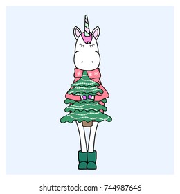 Unicorn holds the Christmas tree