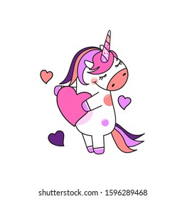The unicorn holds a heart in his hands, smiling shyly. Vector image.