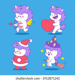 Unicorn holiday characters vector cartoon set isolated on background.