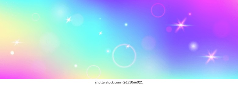 Unicorn Hologram. Pink Kawaii Background And Beautiful Magic Gradient. Purple Fairy Pattern. Fantasy Cartoon Dream With Shiny Holographic Star Design. Blue Unicorn Hologram.