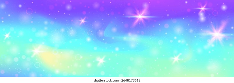 Unicorn Hologram. Pink Rainbow Gradient And Beautiful Fairy Background. Purple Magic Pattern. Fantasy Cartoon Dream With Shiny Holographic Star Design. Blue Unicorn Hologram.