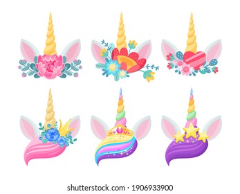 Unicorn horn, ears and flowers isolated vector design of magic horse animal heads with twisted horns, gold crowns and stars, hearts, rainbow bangs and floral wreaths. Wedding or child party invitation