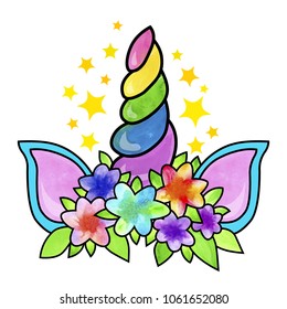 Unicorn horn and ears with flowers and stars. Vector illustration for cute floral card and shirt design. Decoration elements of fantasy animal. Bright colourful beauty icon for children hat.