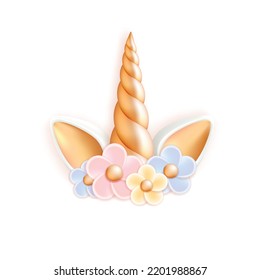 Unicorn horn, ears and flowers, vector cartoon illustration isolated on white background.