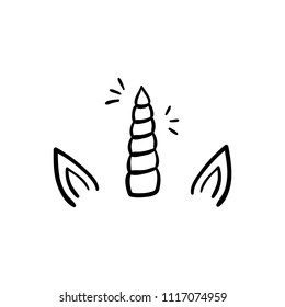 Unicorn horn with ears and sparkles, vector hand drawn illustration, black outlined unicorn, isolated on white background.