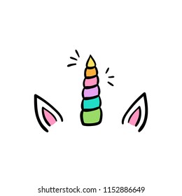 Unicorn horn with ears and sparkles, vector hand drawn illustration, black outlined and rainbow coloured unicorn