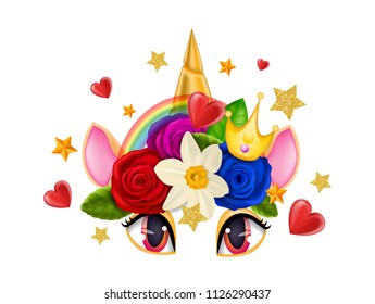 Unicorn Horn, Eyes and Ears, Flowers, Isolated on White Background, Vector 3D Realistic Illustration