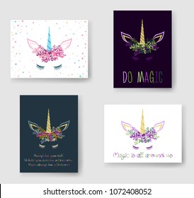 Unicorn horn in floral wreath tiara illustration on cards set. Magic vector meme unicorn head with closed eyes, horn, flowers and quotes phrase text. Be yourself, do magic quotes.