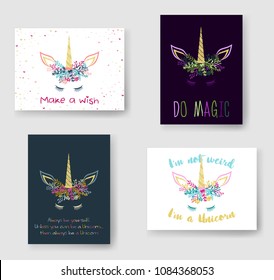 Unicorn horn in floral wreath tiara illustration on cards set. Doodle vector meme unicorn head with closed eyes, horn, flowers and quotes phrase text. Make a wish, do magic, be yourself text.