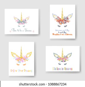 Unicorn horn in floral wreath tiara illustration on cards collection. Fairy vector meme unicorn head with closed eyes, horn, flowers and quotes phrase text. Follow Your Dreams quote.
