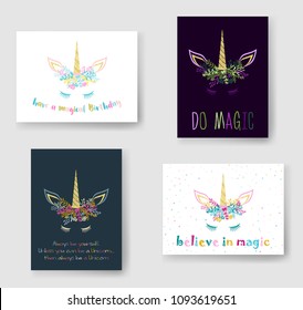 Unicorn horn in floral wreath tiara illustration on magical Birthday cards set. Magic vector meme unicorn head with closed eyes, horn, flowers and quotes phrase text.