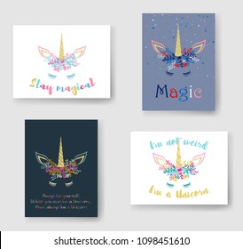 Unicorn horn in floral wreath tiara illustration on cards collection. Fairy tale vector meme unicorn head with closed eyes, horn, flowers and quotes phrase text. Stay magical quote.