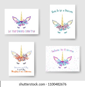 Unicorn horn in floral wreath tiara illustration on cards collection. Trendy vector meme unicorn head with closed eyes, horn, flowers and quotes phrase text. Let your dreams come true wish.