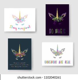 Unicorn horn in floral wreath tiara illustration on cards set. Magical vector meme unicorn head with closed eyes, horn, flowers and quotes phrase text.