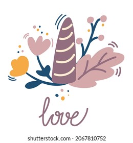 Unicorn horn with flowers. Boho Style. Cute kids design. Print for shirts postcards and posters. Girly vector cartoon illustration. Isolate on a white background.