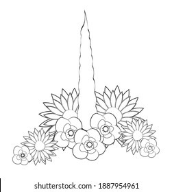 unicorn horn in  flowers Coloring book, page, picture in hand drawing cartoon style, for  print design, greeting birthday card, postcard. baby shower. party invitation.
