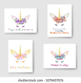 Unicorn horn in flowers and twigs wreath tiara illustration on cards collection. Creative vector meme unicorn head with horn, flowers and quotes phrase text. Follow Your Dreams, make a wish quote.