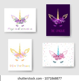 Unicorn horn in flowers and twigs wreath tiara illustration on cards collection. Magic vector meme unicorn head with closed eyes, horn, flowers and quotes phrase text. Be unique, follow your dreams.