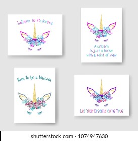 Unicorn horn in flowers and twigs wreath tiara illustration on cards set. Cute vector meme unicorn head with closed eyes, horn, flowers and quotes phrase text. Let your dreams come true wish.