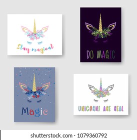 Unicorn horn in flowers and twigs wreath tiara illustration on cards set. Trendy vector meme unicorn head with closed eyes, horn, flowers and quotes phrase text. Stay magic and do magic text.