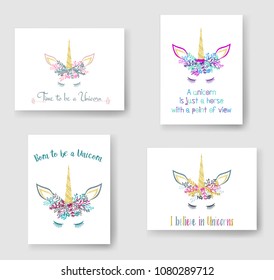 Unicorn horn in flowers and twigs wreath tiara illustration on cards set. Fairytale vector meme unicorn head with closed eyes, horn, flowers and quotes phrase text.