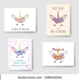 Unicorn horn in flowers and twigs wreath tiara illustration on cards collection. Funny vector meme unicorn head with closed eyes, horn, flowers and quotes phrases. Keep calm and ride a unicorn text.