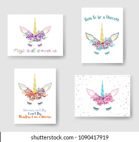 Unicorn horn in flowers and twigs wreath tiara illustration on cards set. Fairy tale vector meme of magic unicorn head with horn, flowers and quotes phrase text. Magic is all around us quote.