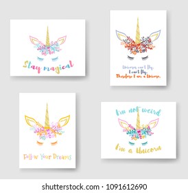 Unicorn horn in flowers and twigs wreath tiara illustration on cards collection. Fairytale vector meme unicorn head with closed eyes, horn, flowers and quotes phrase text. Follow Your Dreams quote.