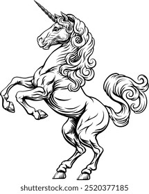 Cavalo de chifre de unicórnio animal mitológico do mito. Para uma crista em pose desenfreada. Brasão heráldico de armas elemento de design heráldico em um estilo de ilustração vintage.