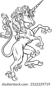 Unicorn horn horse mythological animal from myth. For a crest in rampant pose. Heraldic coat of arms heraldry design element in a vintage illustration style.