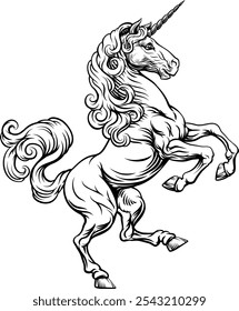 Cavalo de chifre de unicórnio animal mitológico do mito. Para uma crista em pose desenfreada. Brasão heráldico de armas elemento de design heráldico em um estilo de ilustração vintage.