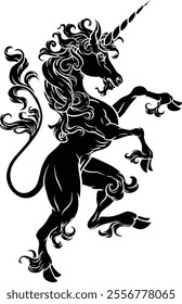 Unicorn horn horse mythological animal from myth. For a crest in rampant pose. Heraldic coat of arms heraldry design element in a vintage illustration style.