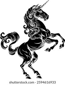 Unicorn horn horse mythological animal from myth. For a crest in rampant pose. Heraldic coat of arms heraldry design element in a vintage illustration style.