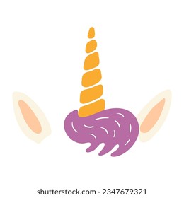 Unicorn horn, mane, ears hand drawn illustration. Hand drawn cartoon kawaii style flat design, isolated vector. Kids print element, fantastical, magical, creature, fantasy, fairy tale