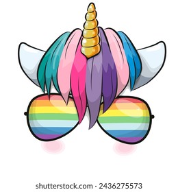 Unicorn horn with multicolored hair and glasses cute illustration on a white background