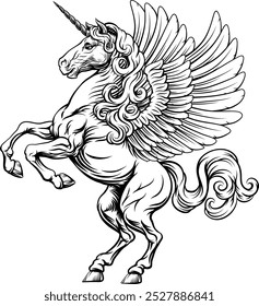 Unicorn horn Pegasus flying horse with wings mythological animal from myth. For a crest in rampant pose. Heraldic coat of arms heraldry design element in a vintage illustration style.