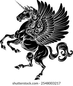 Unicorn horn Pegasus flying horse with wings mythological animal from myth. For a crest in rampant pose. Heraldic coat of arms heraldry design element in a vintage illustration style.