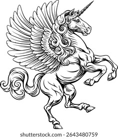 Unicorn horn Pegasus flying horse with wings mythological animal from myth. For a crest in rampant pose. Heraldic coat of arms heraldry design element in a vintage illustration style.