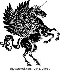 Corno de unicórnio Pégaso cavalo voador com asas animal mitológico do mito. Para uma crista em pose desenfreada. Brasão heráldico de armas elemento de design heráldico em um estilo de ilustração vintage.