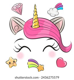 Unicorn horn with pink hair cute illustration on a white background