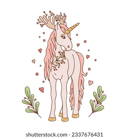 unicorn with horns, branches, berries and hearts