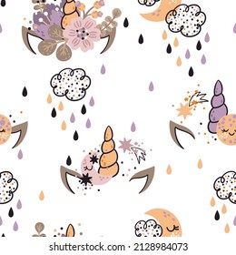 Unicorn horns, clouds with raindrops, moon, and stars seamless pattern. Creative texture for any kids design, fabric, wrapping, wallpaper, textile, apparel