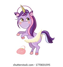Unicorn horse in a ballet skirt with headphones and a fashionable bag
