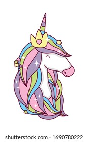 unicorn horse cartoon with crown design, magic fantasy fairytale childhood animal fairy wild cute and lovely theme Vector illustration