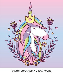 unicorn horse cartoon with leaves wreath design, magic fantasy fairytale childhood animal fairy wild cute and lovely theme Vector illustration