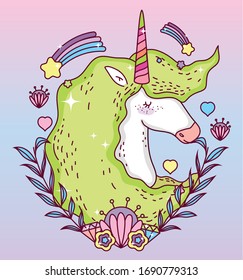 unicorn horse cartoon with leaves wreath design, magic fantasy fairytale childhood animal fairy wild cute and lovely theme Vector illustration