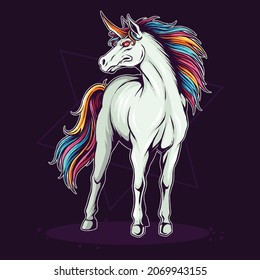 unicorn horse with colorful hair like a rainbow standing tall and valiant